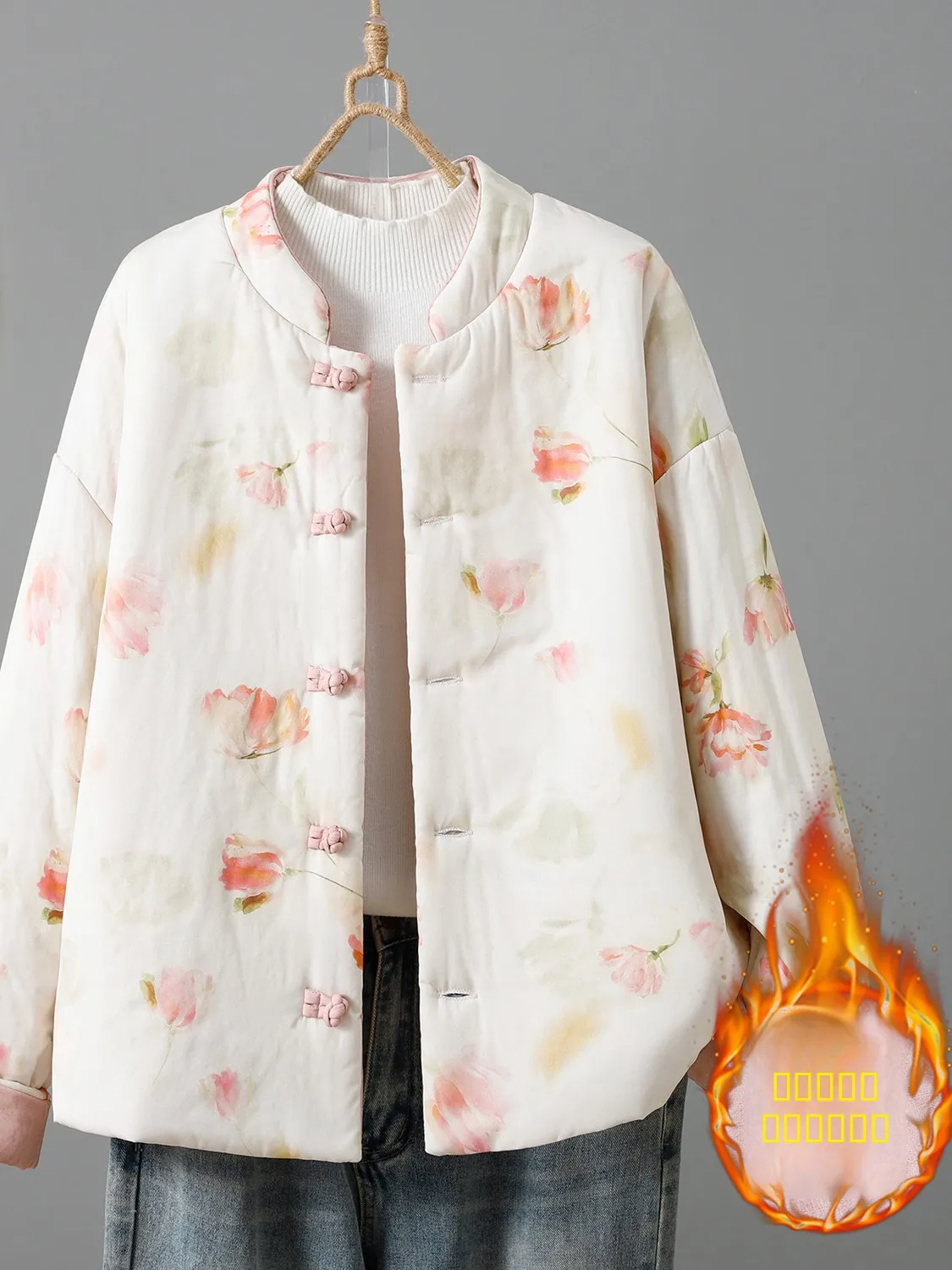 

Retro Chinese Sle Printed Loose Women's Cotton Jaet Warm Outerwear with Button Design for Winter Comfortable Fit Coat