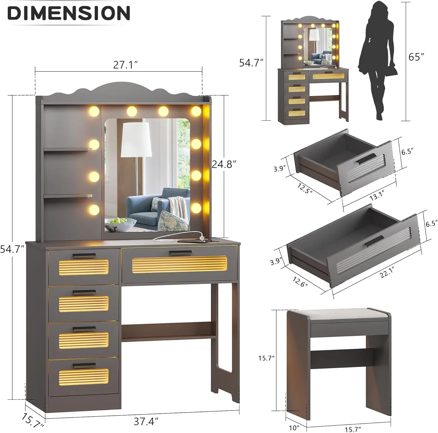 طاولة مكياج مع 10 لمبات إضاءة، مكتب زينة حديث مع مرآة و3 أوضاع إضاءة، مجموعة طاولة زينة مع 2 USB P