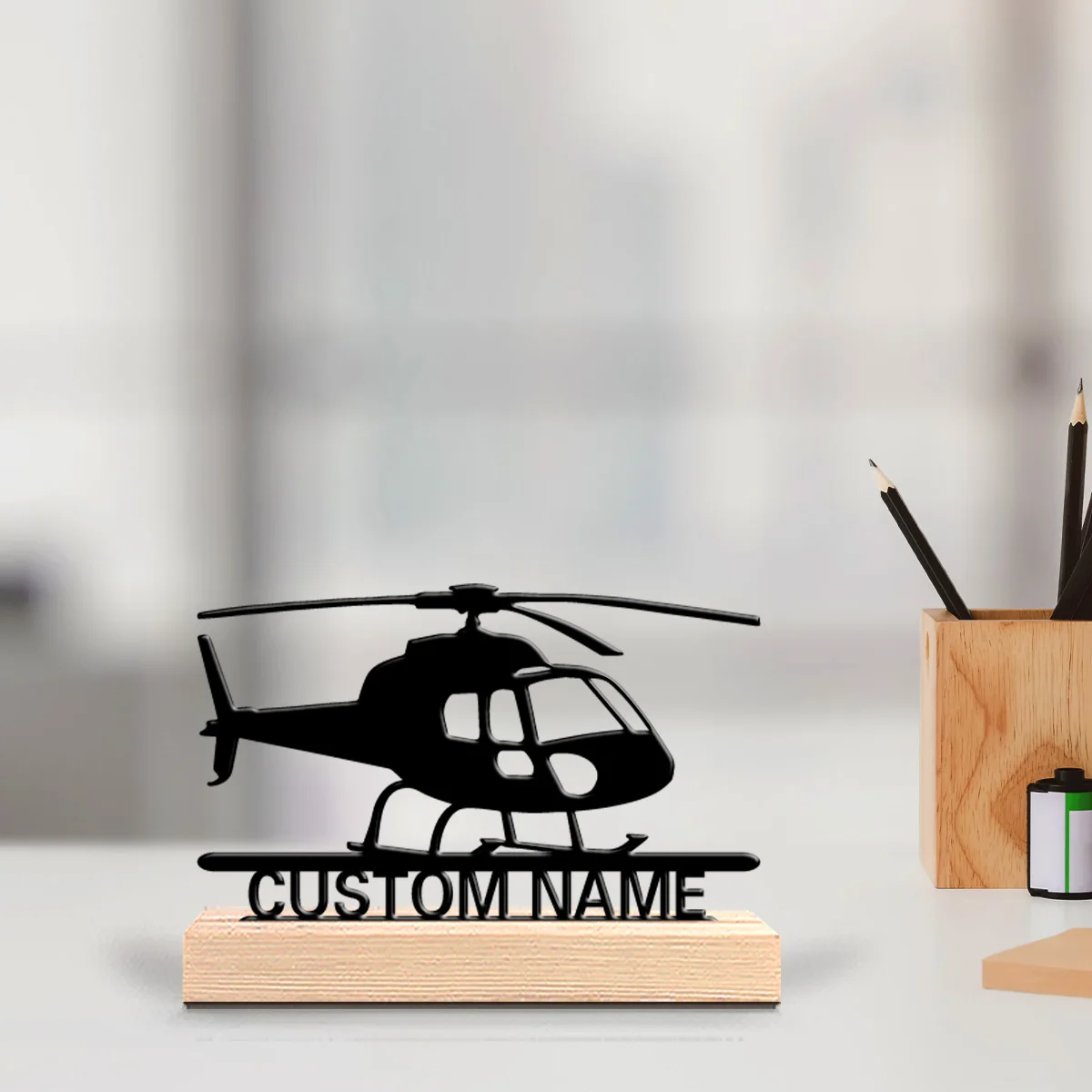 1pc Weird Personalized Custom Helicopter Metal Statues Modern Wooden Base Decor for Office, Living Room, Nature-Inspired