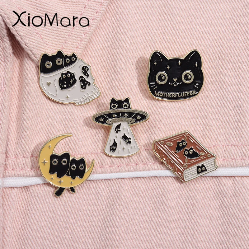 Cartoon Black Cat Enamel Pin Punk Kitten Book Animal Brooch Laple Backpack Clothes Badge Jewelry Gift for Kids Friends