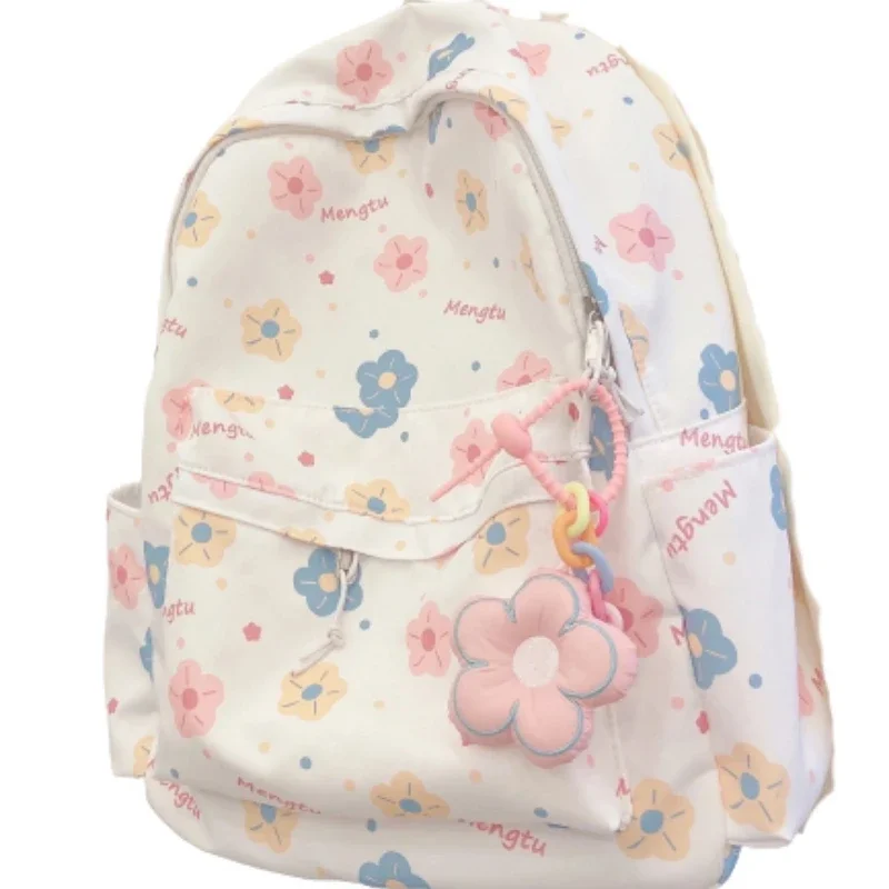 Korean Cartoon Print Floral Pendant Backpack Women Harajuku Y2k Student Preppy Schoolbags Japanese All Match Kawaii Backpacks