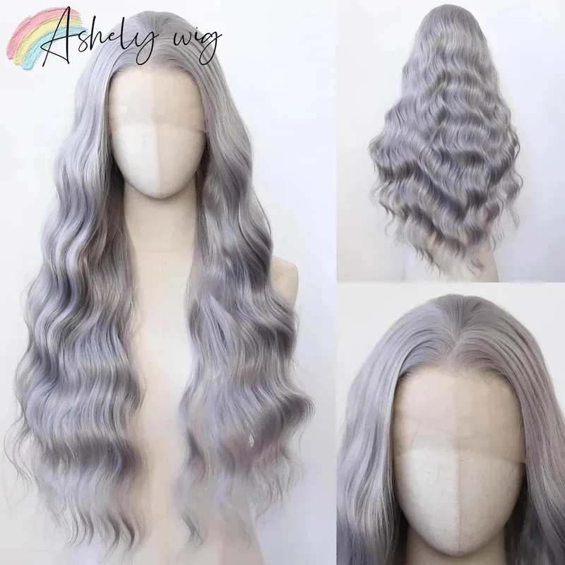 Ashely شعر مستعار رمادي للبيع التخليص 26 بوصة 13*4 الاصطناعية الفضة الدانتيل الباروكة شعر مموج طويل المظهر الطبيعي امرأة الباروكات تأثيري