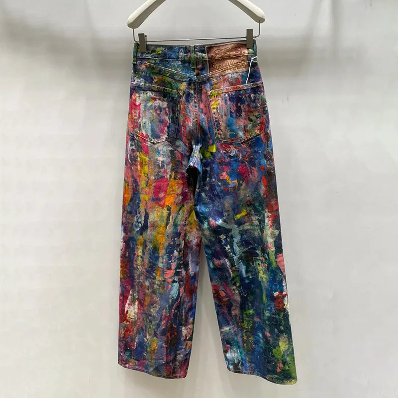 MWJLPWQ Y2K الهيب هوب نمط ملون الكتابة على الجدران الجينز الرجال شارع العليا فضفاض للجنسين واسعة الساق السراويل المد مستقيم الدينيم بنطلون 21062