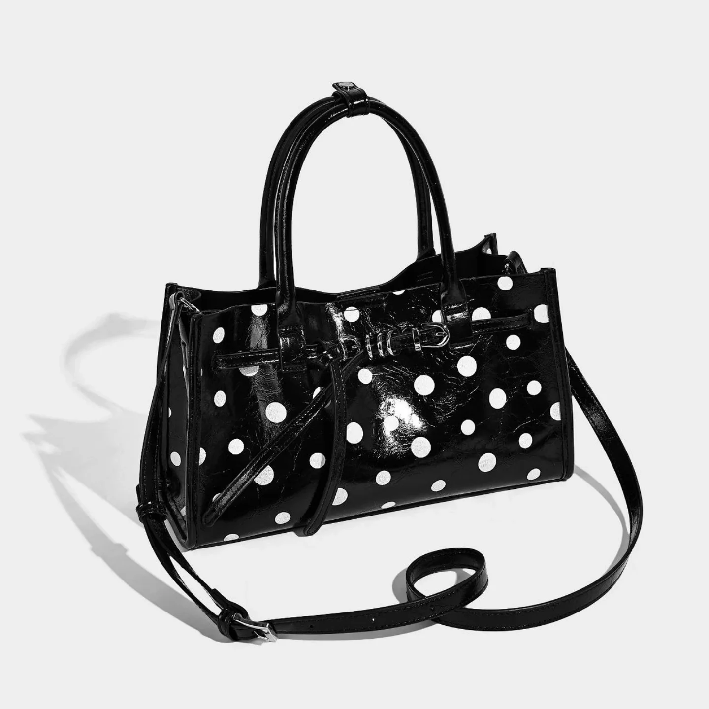 Vintage Polka Dot Handbag Shiny Wrinkled Shoulder Bag Glossy Crossbody Tote