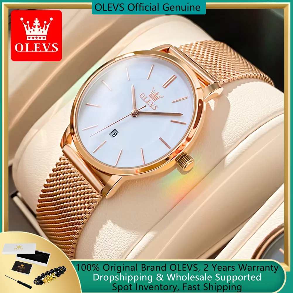 OLEVS 6.5mm Ultra Thin Watches for Women Rose Gold Stainless Steel Waterproof Ladies Wristwatches Big Face Quartz Watch Gift Box