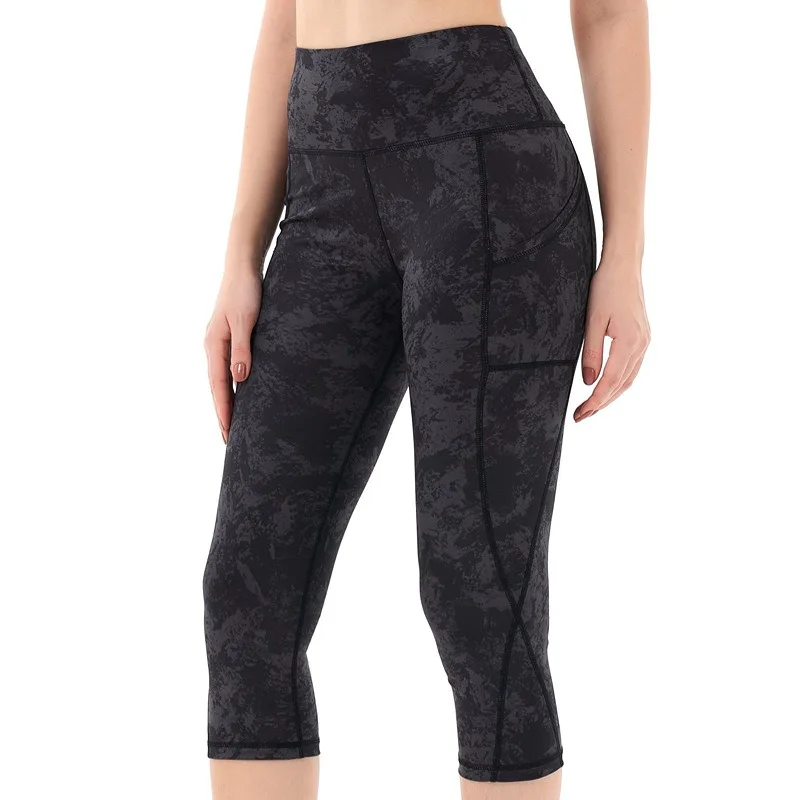 Women Seamless with Pocket Seven Point Pants Yoga Leggings High Waist Hip Liftting Print Gym Workout Elastic Fitness Pants