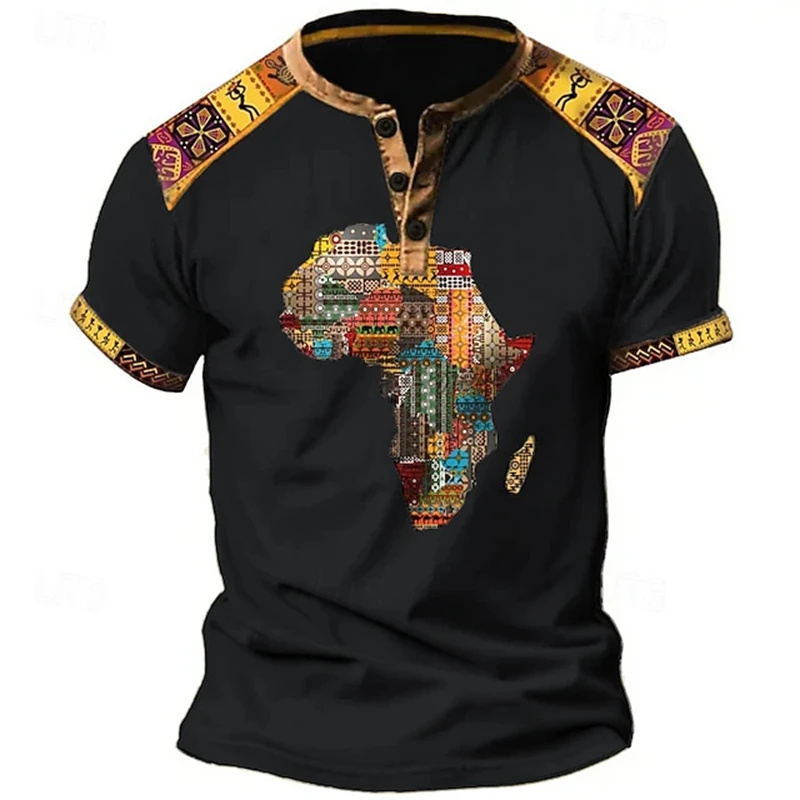 Ethnic-Style Men's Henry T-Shirt Short-Sleeve Casual Button-Down Shirt With African Continent Print And Patchwork Design