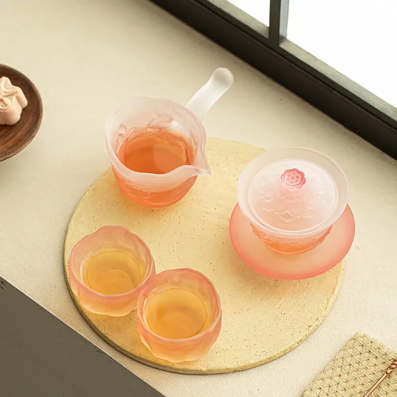 Pink Mist Lotus Moonlight Sancai Kung Fu Tea Set Glass Teapot with 4 Cups Anti Scalding Fair Cup Household High End Gift