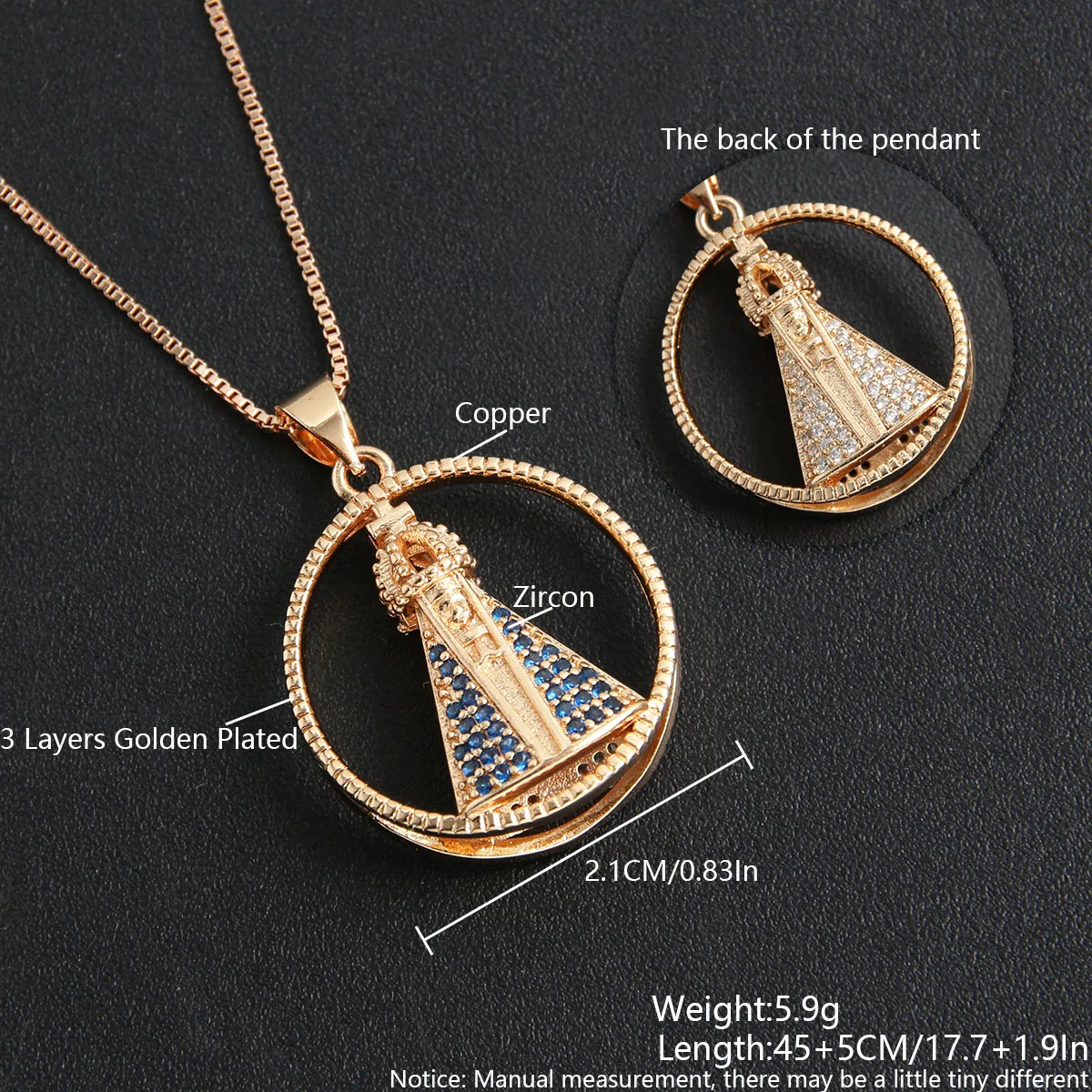 SUNSLL Vintage Double Sided Gold Plated Lujan Virgin Mary Pendant Necklace Our Lady Of Guadalupe Zircon Religious Jewelry