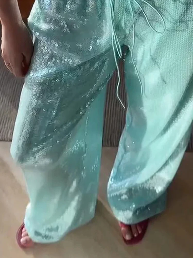 Street Sequin Lace Up Pants Women Elastic Low Waist Wide Leg Trousers Female 2025 Spring Summer Lady Shiny Party Club Clothes