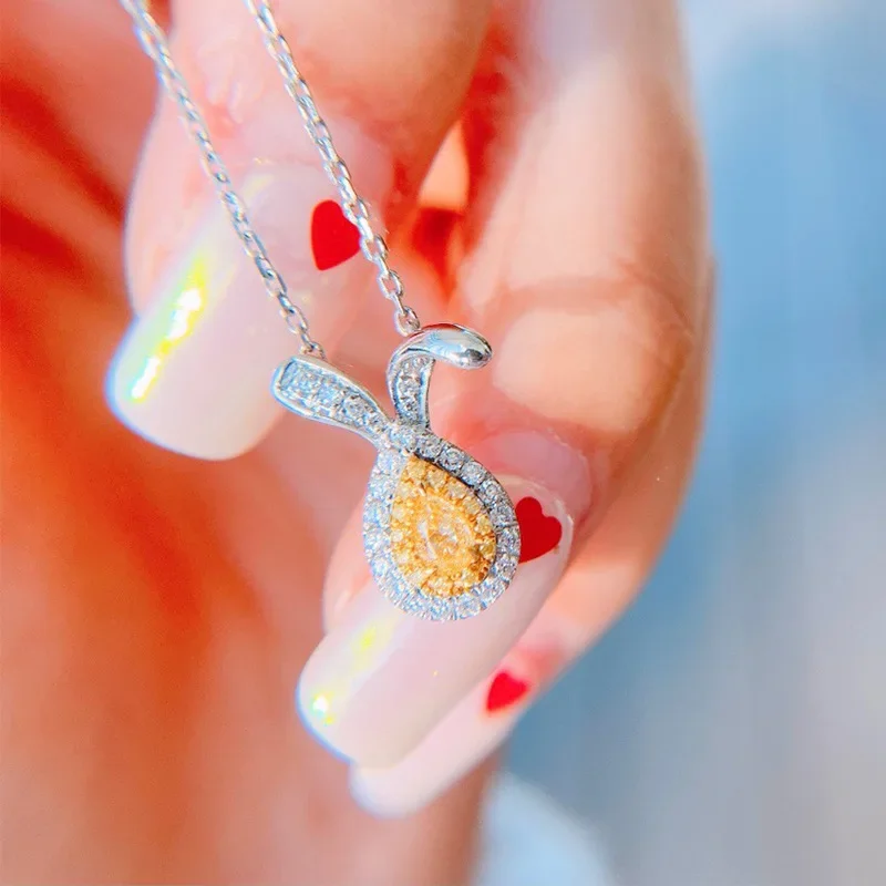 S925 Sterling Silver Playful Necklace with Canary Yellow Diamond Bunny Pendant and Classic Envelope Design Trendy Accessory