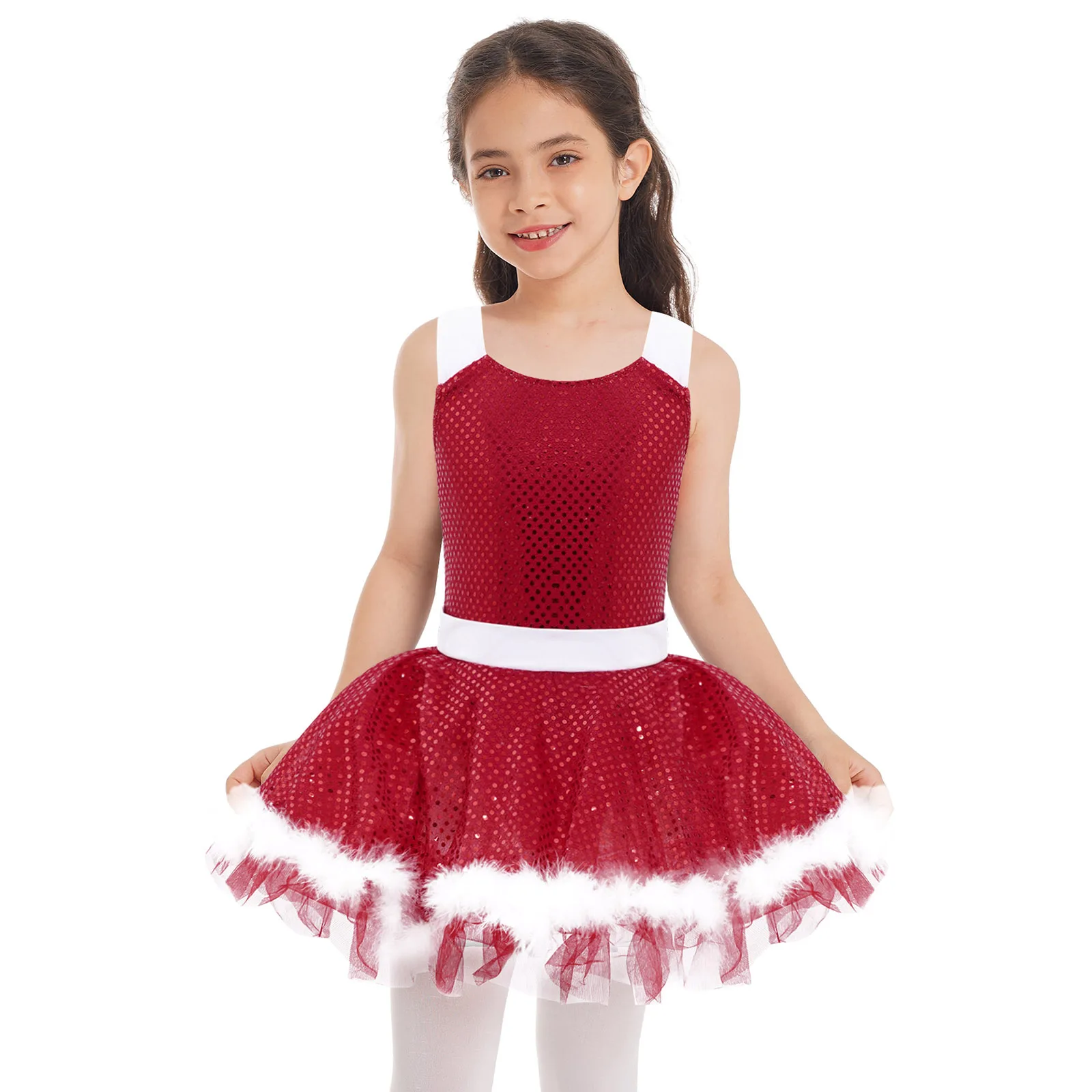 Kids Girls Christmas Dance Tutu Dress Shiny Sequins Faux Fur Leotard Dresses for Ballet Latin Skating Gymnastics Performance