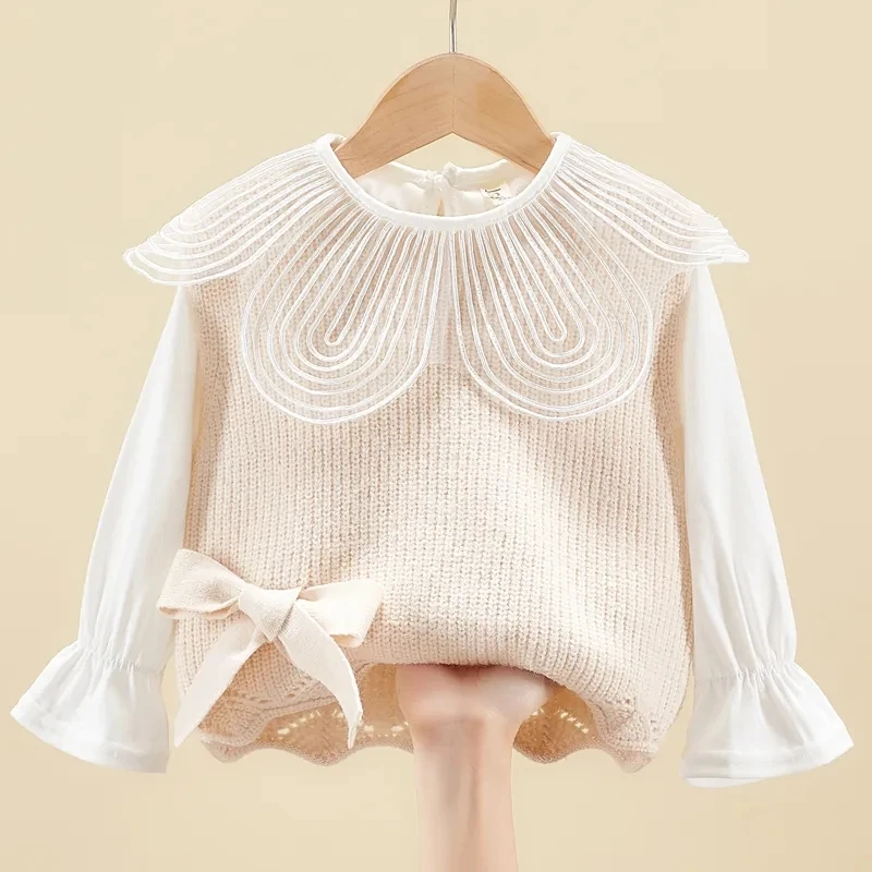 Spring Autumn Baby Pullover Waistcoat Jacket Girls Sleeveless Garment All-match Bow-embellished Children\'s Knitting Vest