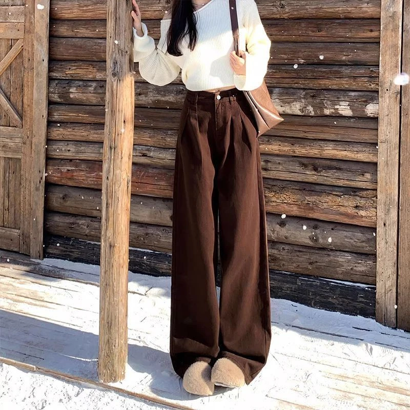 

Женские однотонные кофейные широкие прямые джинсы, крутая уличная одежда для девочек, свободные брюки, женские повседневные мешковатые джинсовые брюки с высокой талией