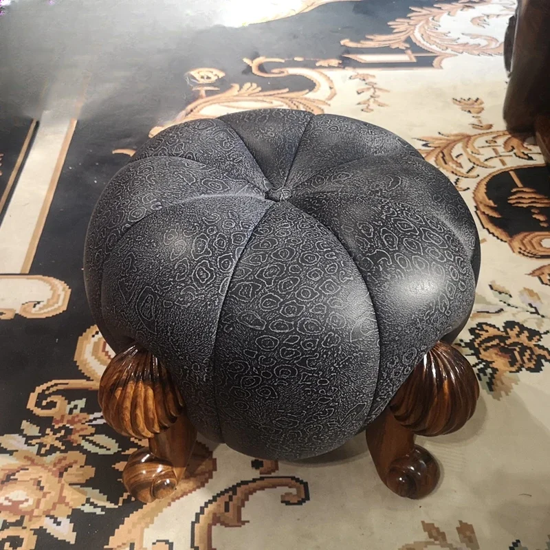 Ebony solid wood carving genuine leather pumpkin stool villa small