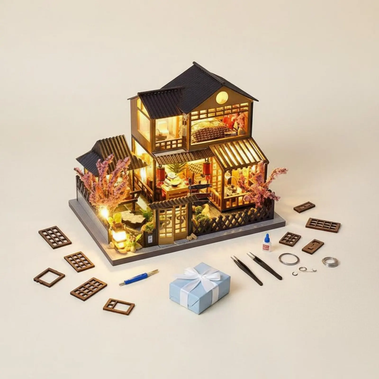 Three-Dimensional Wooden Model House Home Decor Wooden House Building Kit with Lights DIY Japanese Dollhouse Kit Highly Detailed