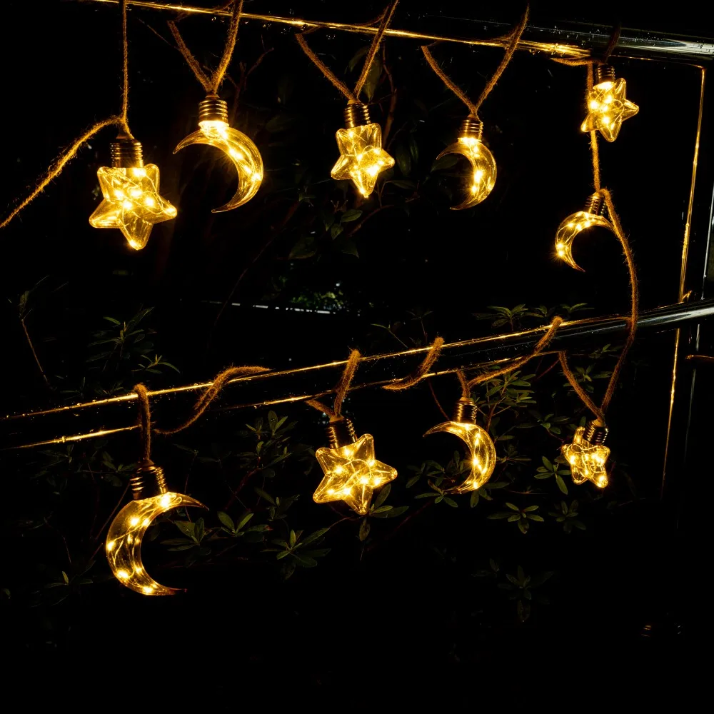 1PC 5M10LED Solar Powered Hemp Rope Star Moon String Lights LED Fairy Light,used for Ramadan Patio Garden Home Party Eid Decor