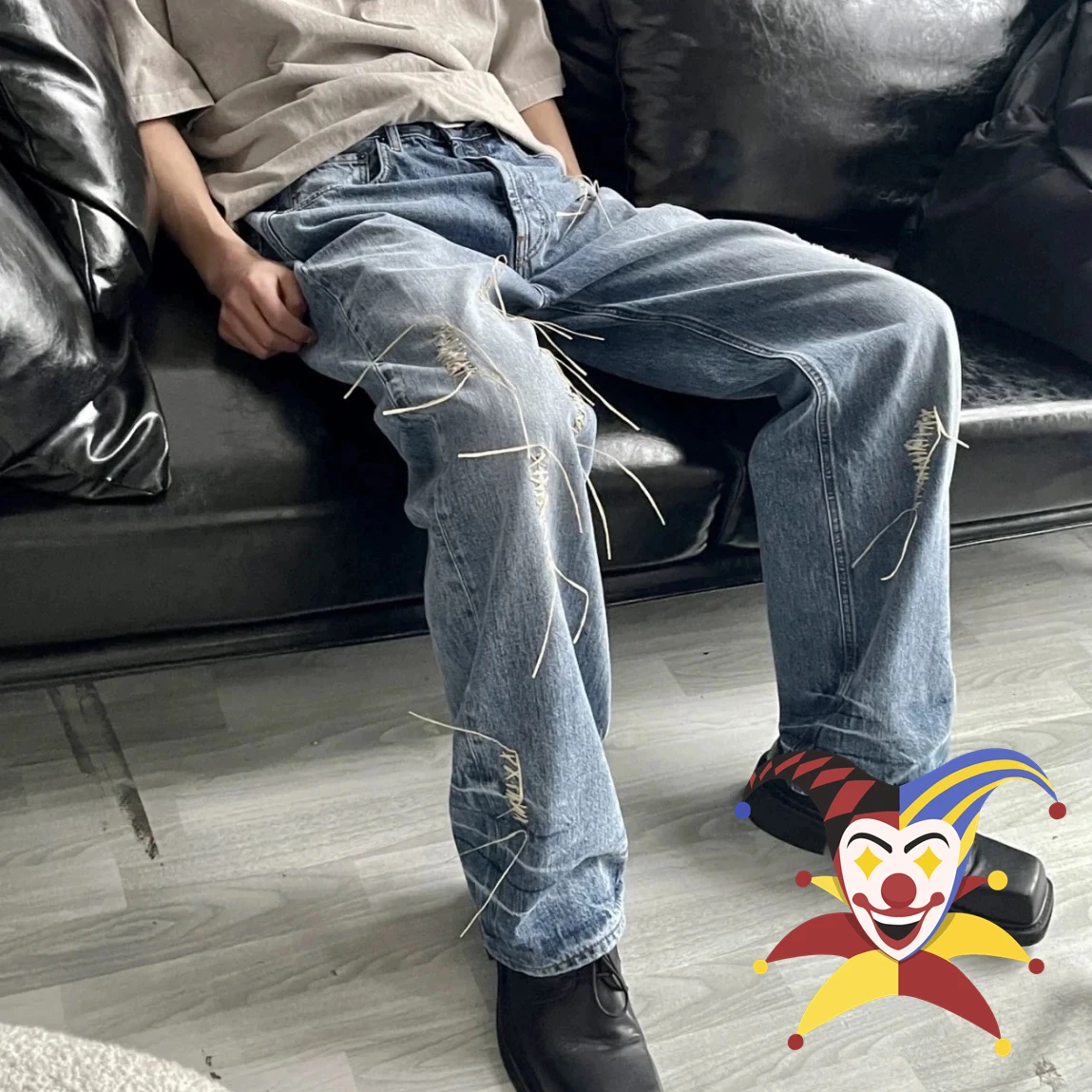 Handmade Damaged Woven Washed Ripple Loose Straight Leg Jeans High Street Men Women Tight Trend Leg Pants