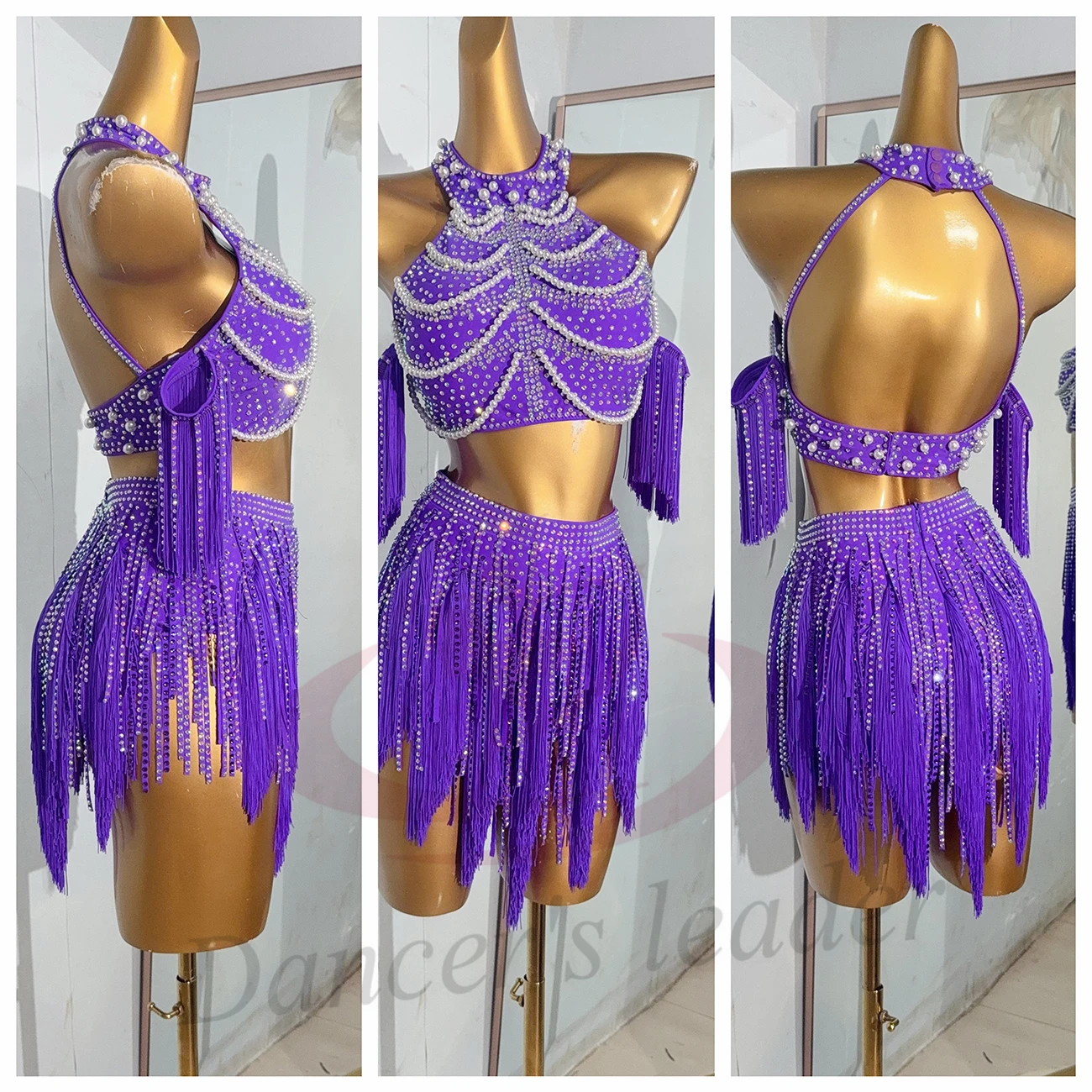 라틴 댄서, 성인, 어린이 고급 맞춤형 보라색 술 스커트, 삼바 라인스톤 퍼포먼스 드레스