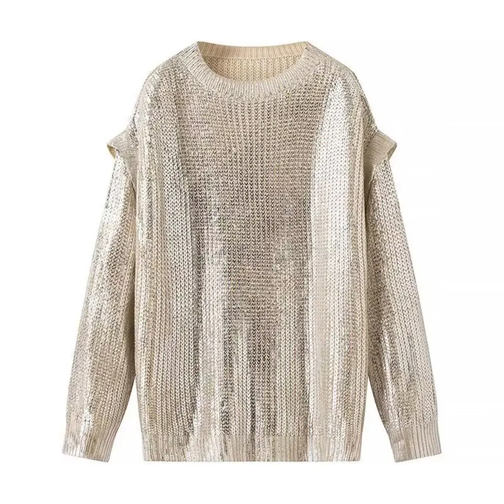

Fashion Loose Joker Mid-Length Metal Crewneck Pullover Sweater for Women European And US Style Loose Fit Cardigan