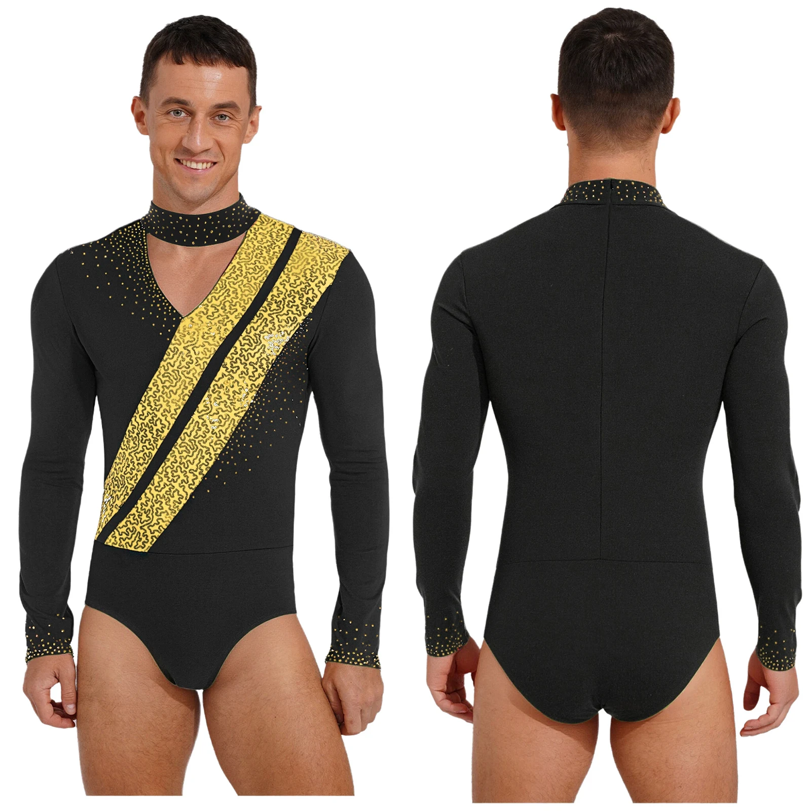Elegante Ballett-Übungskleidung für Herren, glitzernder Pailletten-Body, Ballett, lateinamerikanischer Tanz, Wettbewerb, Performance-Kostüm, lateinamerikanisches Trikot