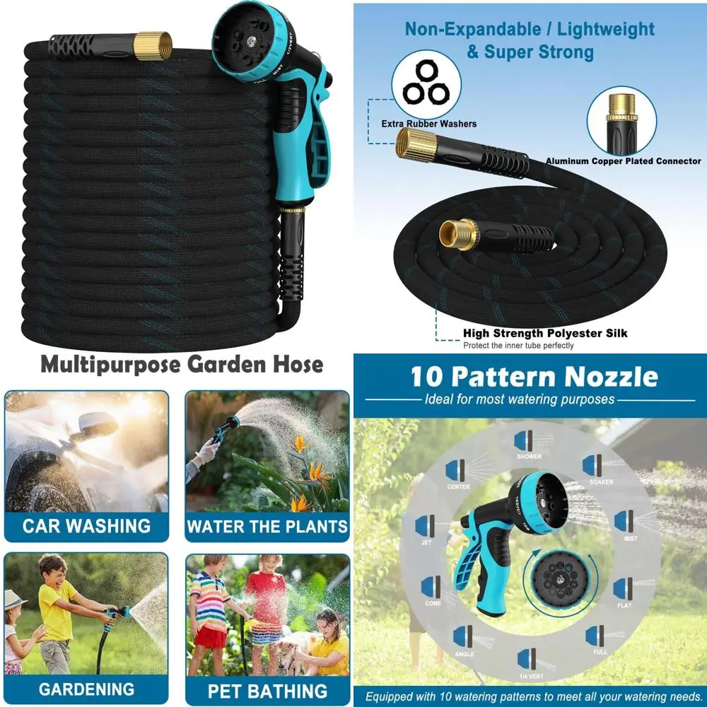 

150ft Lightweight Flexible Non-Expandable Garden Hose with 10-Pattern Spray Nozzle, Leak-Proof and Durable Fabric for Outdoor Wa