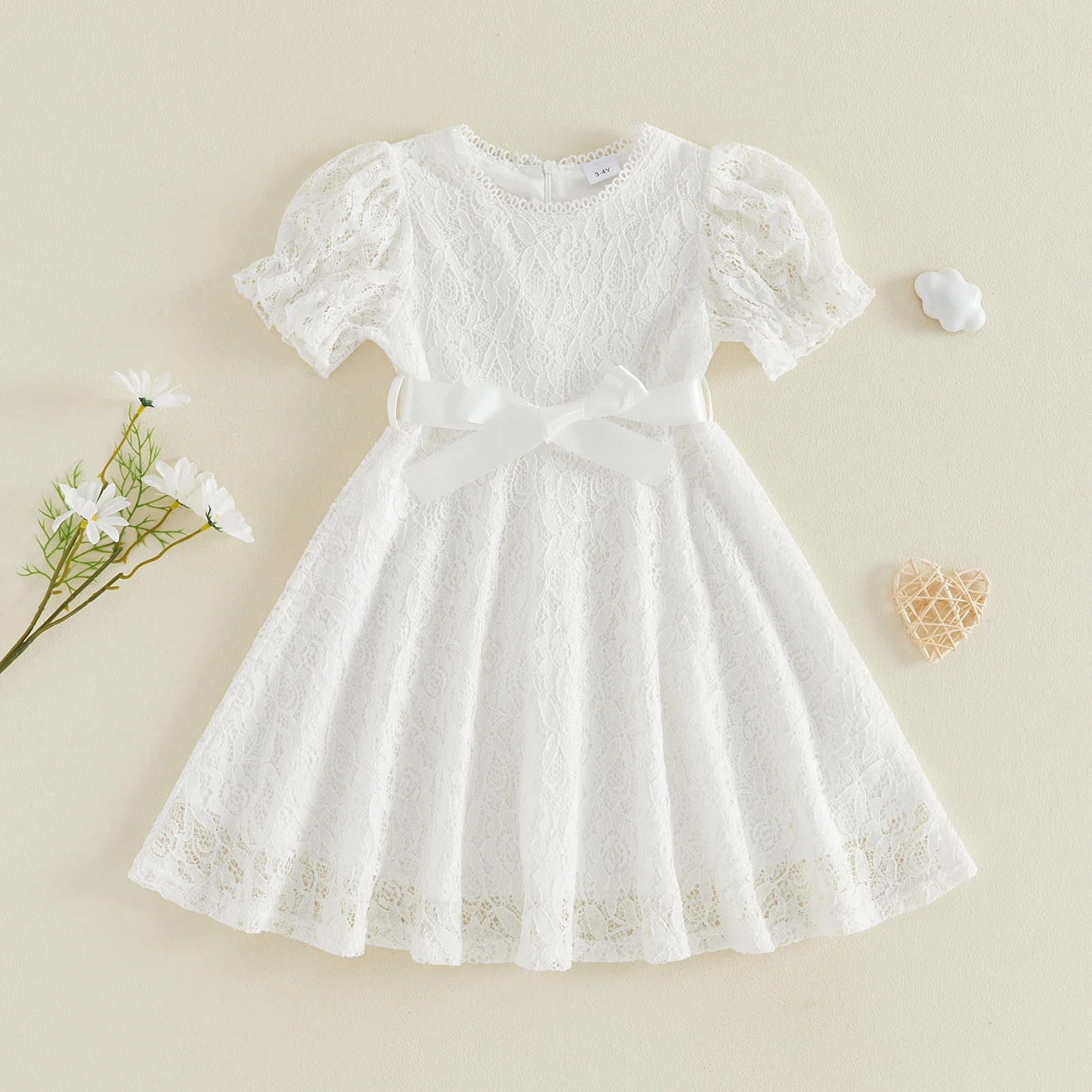 3-10Y Little Girl Summer Dress Puff Short Sleeve Crew Neck Lace Floral Embroidery A Line Pincess Party Dress with Belt
