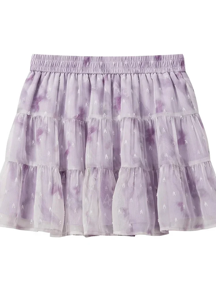 Sweet Purple Floral Skirt Women Elegant Fashion High Waist Cake Skirts Casual Chic Summer Female Korean All Match A Line Skirt