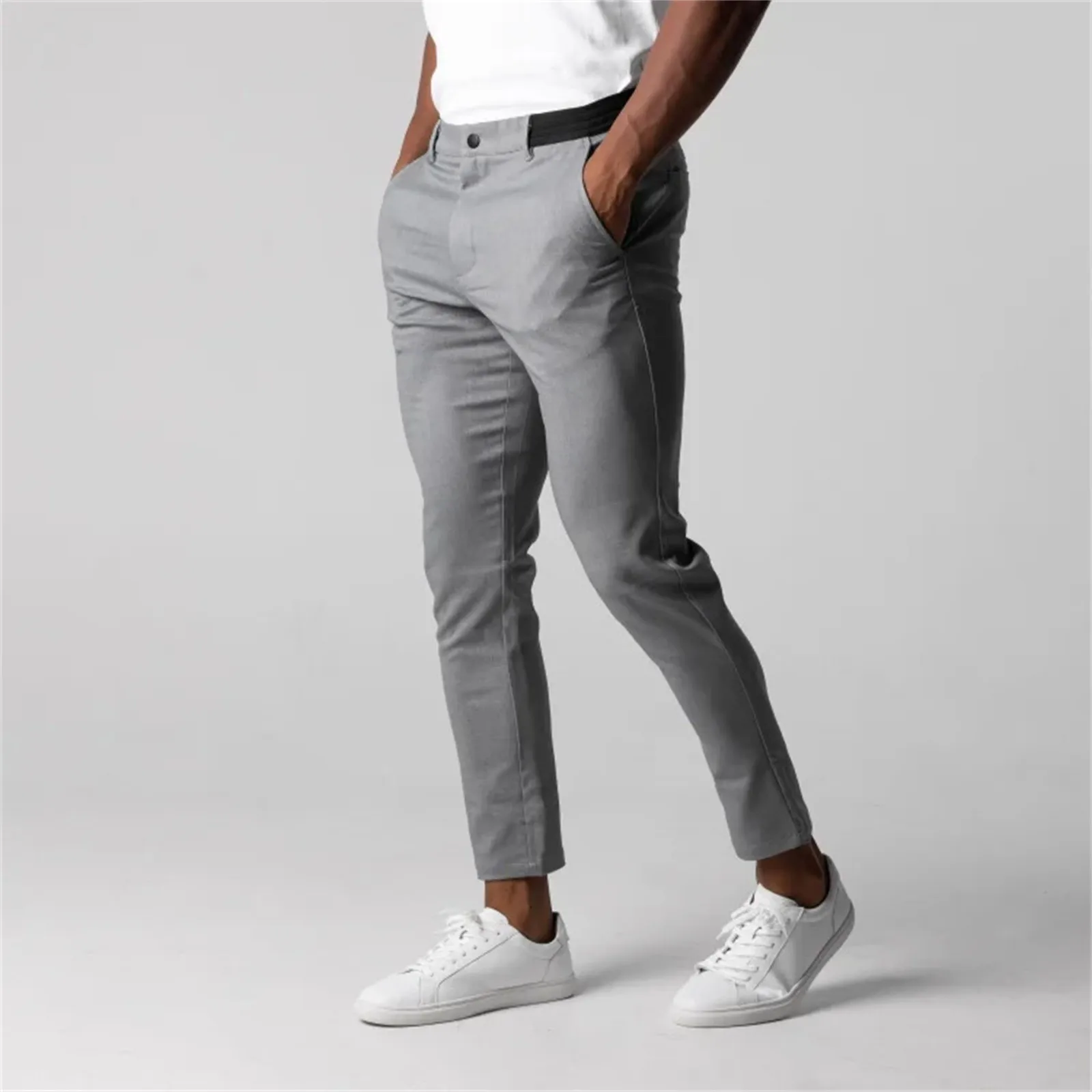 Pantaloni da uomo di moda in tinta unita pantaloni da polpaccio stile inghilterra pantaloni larghi versatili da lavoro elastici alti pantaloni formali Casual maschili