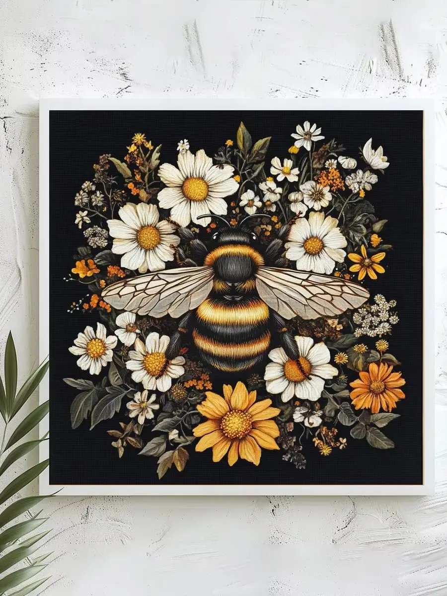 1 Stück 40x40 cm/15,74 Zoll, 11Ct/14Ct Kreuzstich-Set, DIY Valentinstagsgeschenk, Stickerei-Set für Festlichkeiten, Biene auf schwarzem Hintergrund – Detail 1