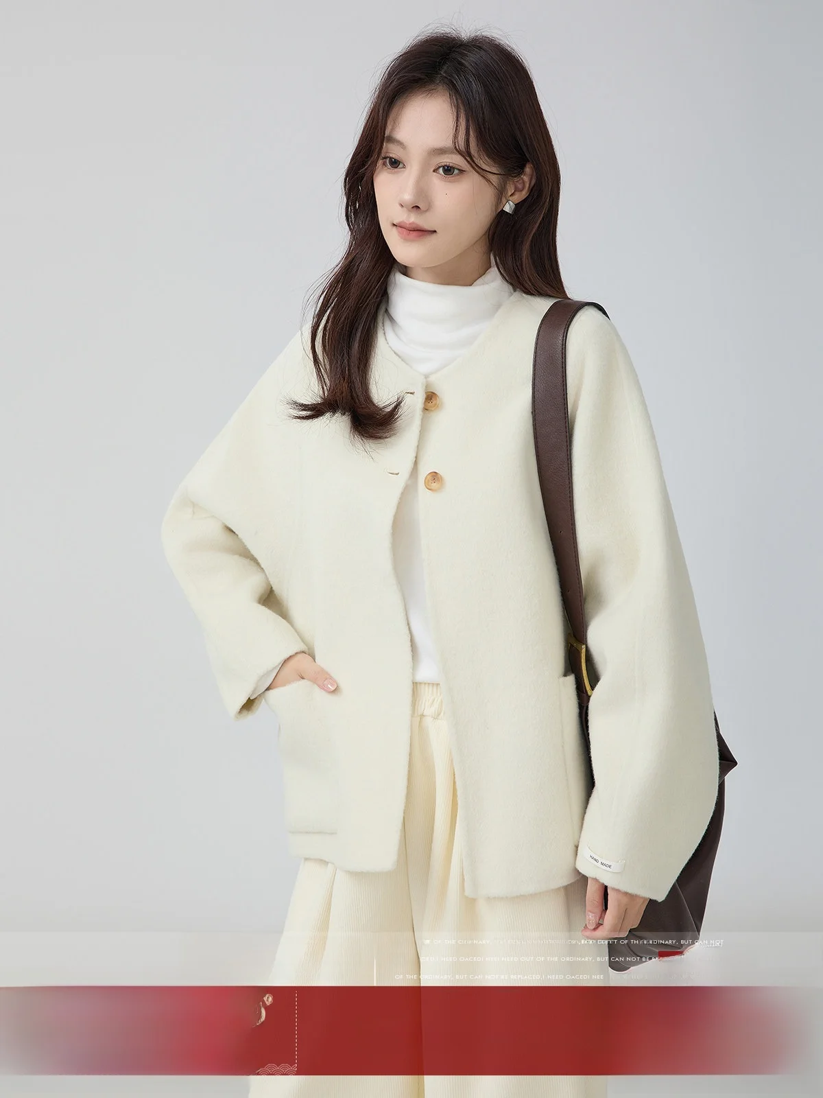 

MoZaic Double-Faced Camere Woolen Coat ort Loose Women's Outerwear Commute Sle round Ne Long Sve Winter Faion