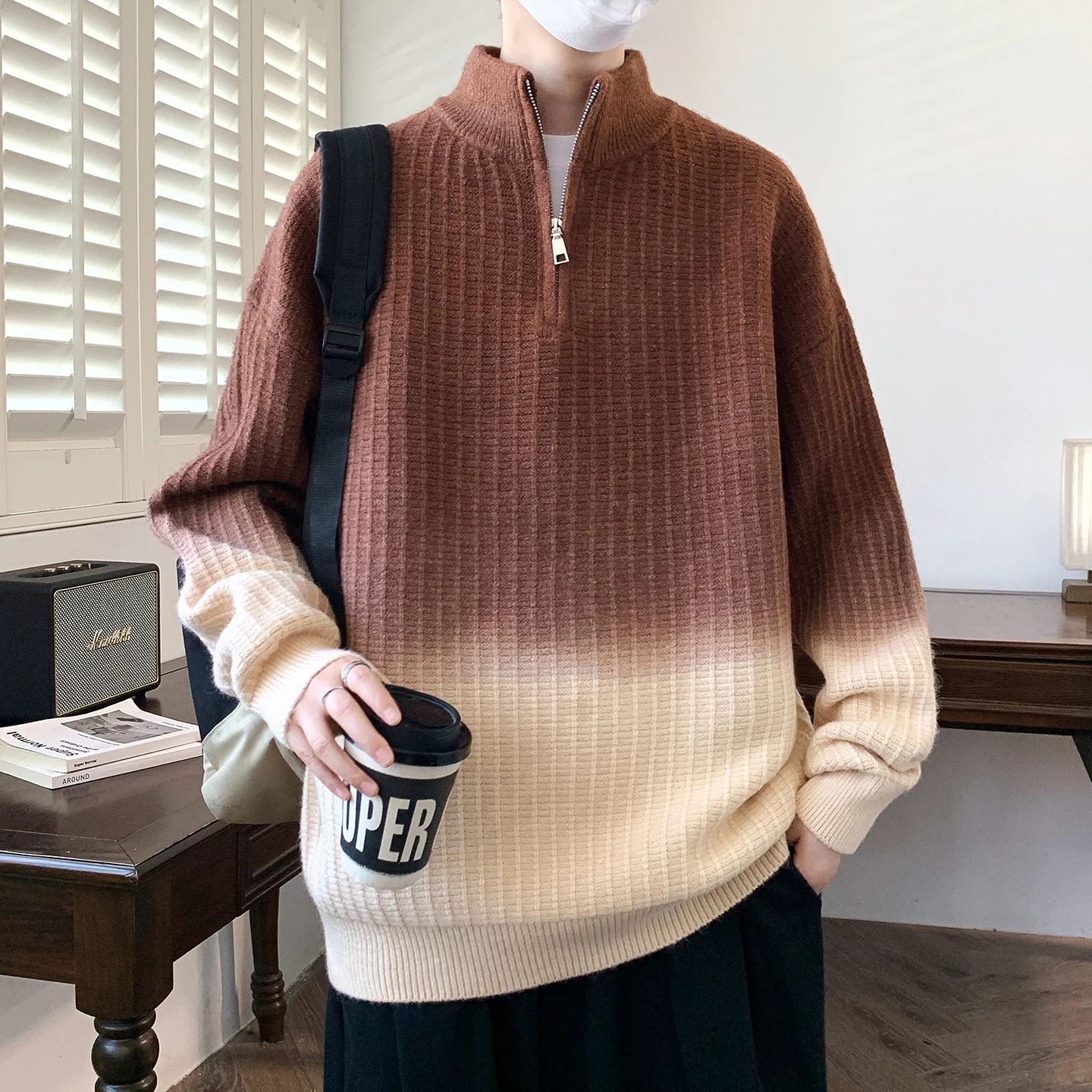 

Мужской вязаный свитер Adient Color свободного кроя на молнии с воротником-стойкой, повседневный, из полиэфирного волокна, с длинными рукавами, для осени и зимы