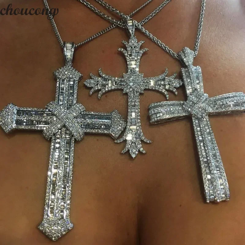 Luxury Long Cross Pendant Sona Cz Original 925 Sterling silver Chain Cross Pendant Necklace for Women Men Vintage Party jewelry