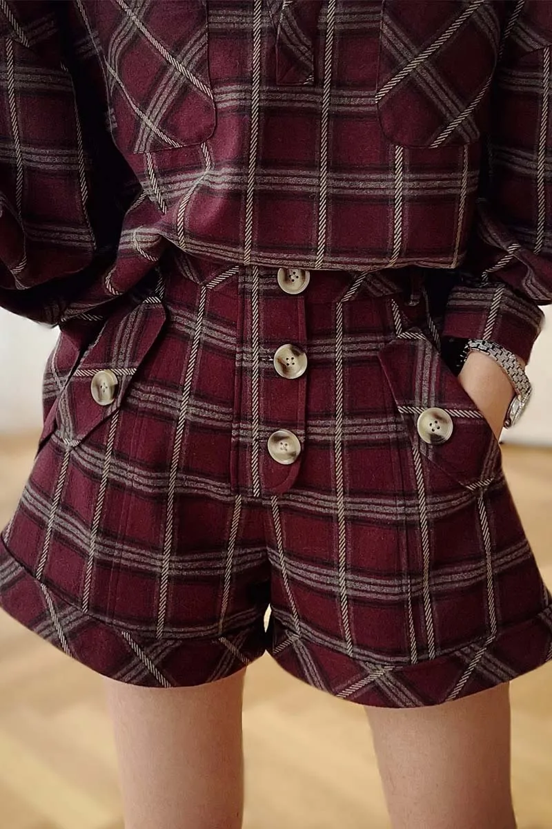 Spring Plaid Short Gingham Pockets Button Wide-Leg Pants Women's Pants Casual Empire Trousers Y2K 2025 New DABUWAWA DM2ASP003