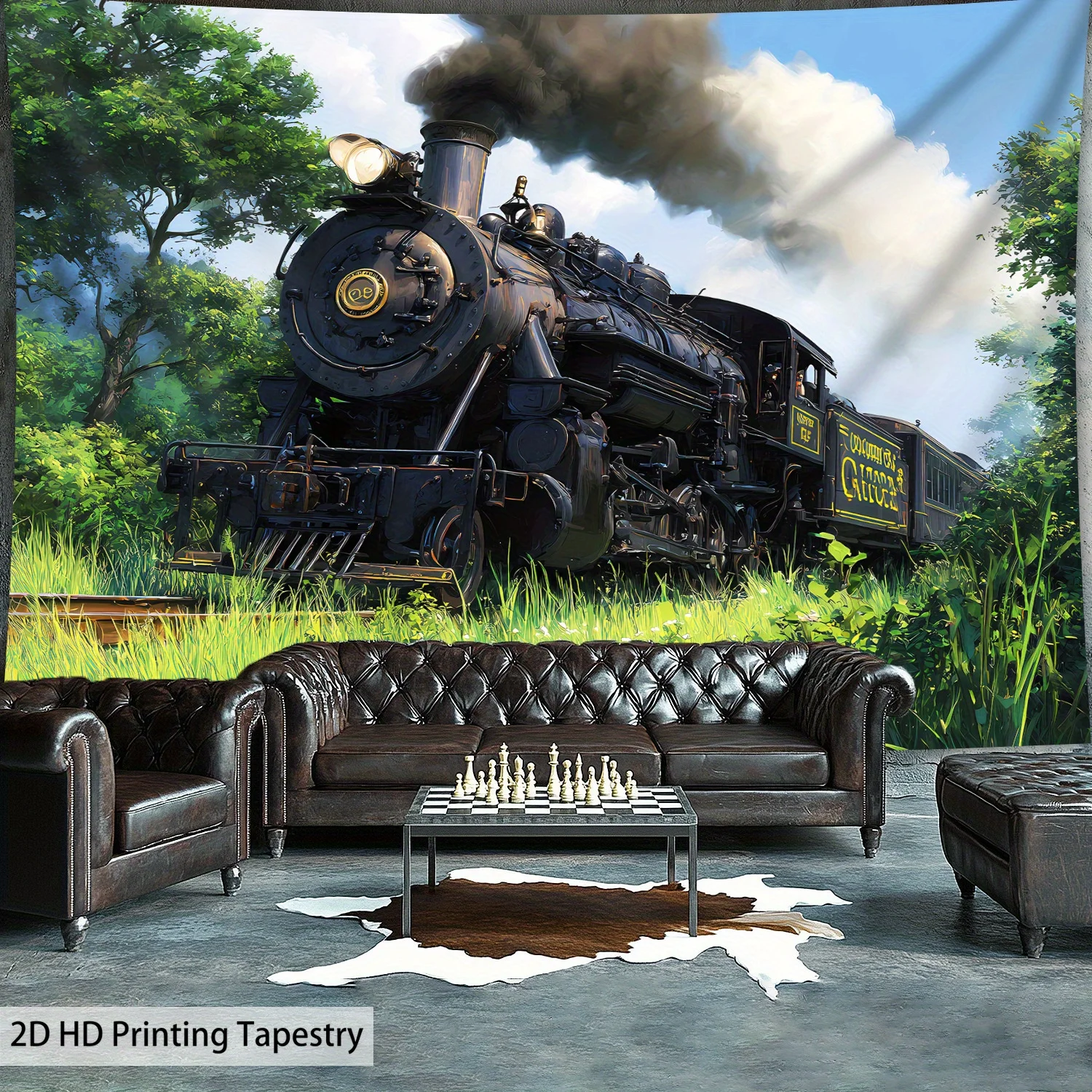 Vintage Steam Train Tapestry Classic Locomotive Nature Landscape Wall Hanging Railroad Decor Living Room Art Print