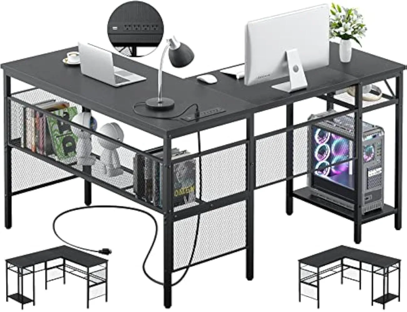 

Unikito L Shaped Desk with USB Charging Port and Power Outlet, Reversible Corner Computer Desk with Storage Shelves , Black