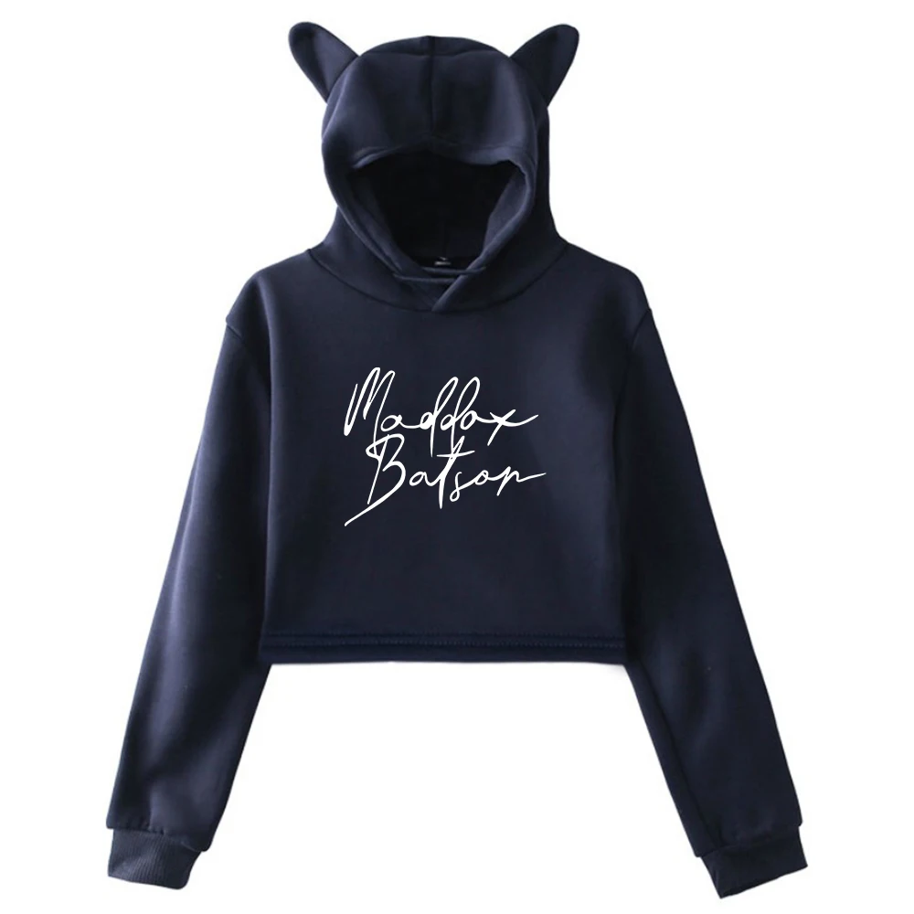 Maddox Batsonลายเซ็นHoodieหญิงแมวหูHoodedเสื้อแขนยาวCrop Topผู้หญิงอินเทรนด์Streetwearชุด