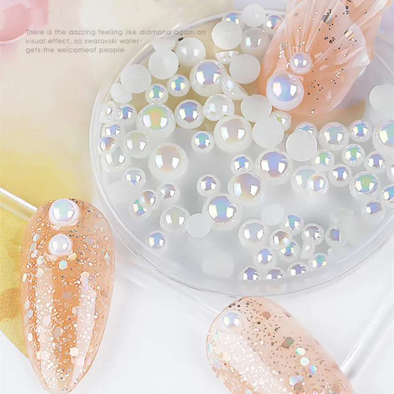 Nail Pearl Rhinestones Round Half-round Beads Mixed Size Colorful Semicircle Nail Pearl Uv Gel Polish Manicure Salon Decoration