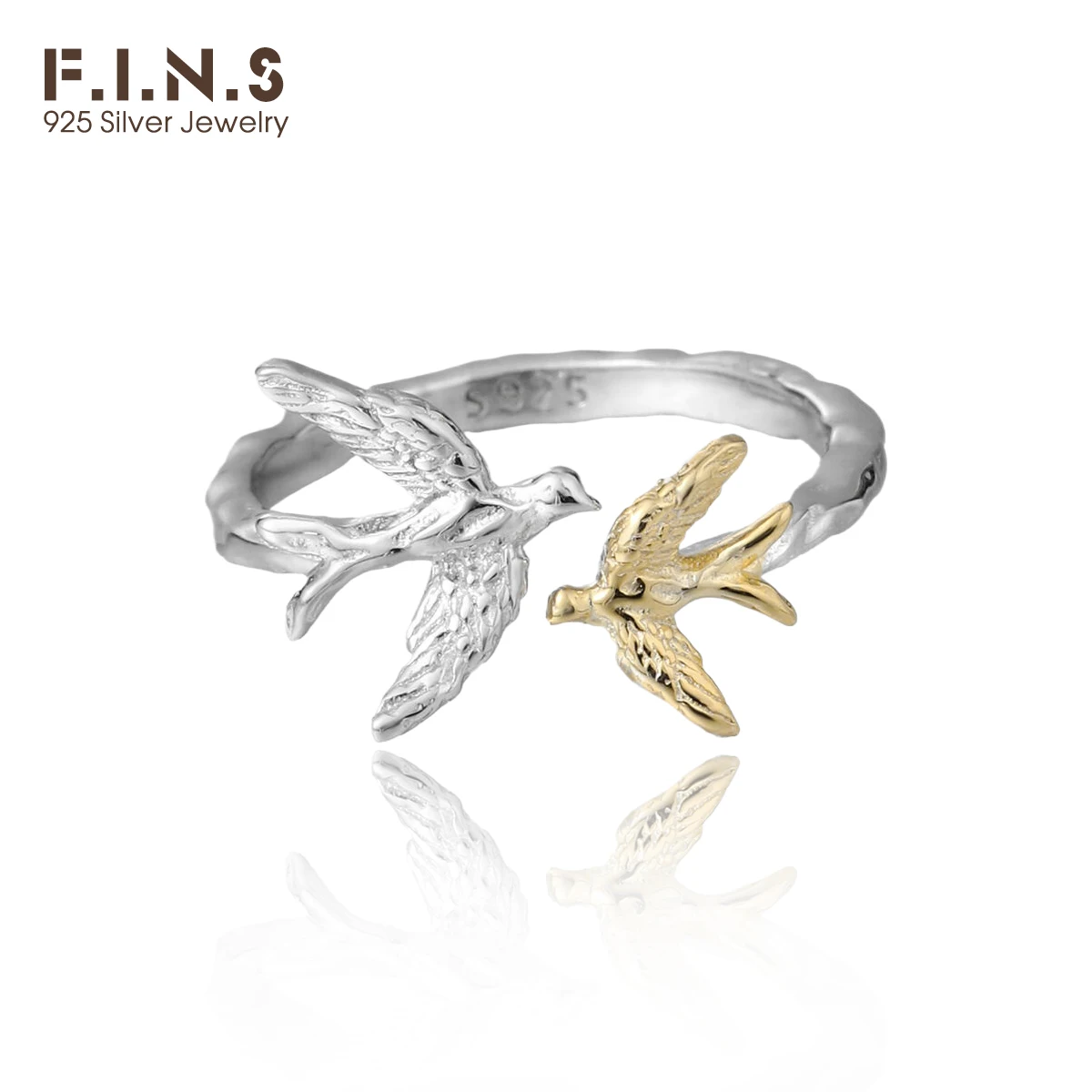 F.I.N.S Color Separation Flying Bird S925 Sterling Silver Open Ring Cute Animal Adjustable Finger Hypoallergenic Fine Jewelry