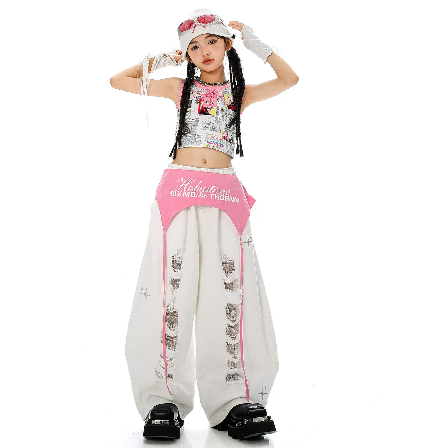 طفل Kpop الهيب هوب الملابس صحيفة طباعة المحاصيل تانك القمم الأبيض عادية واسعة الساق ممزق السراويل لفتاة الجاز أزياء رقص الملابس