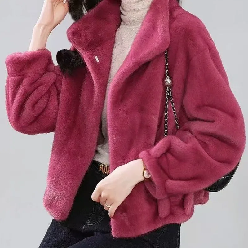 2026 Streetwear Winter Mink Fur Short Coat Women Faux Fur Overcoat Stand-up Collar Thick Jacket Loose Double-faced Fur Outerwear