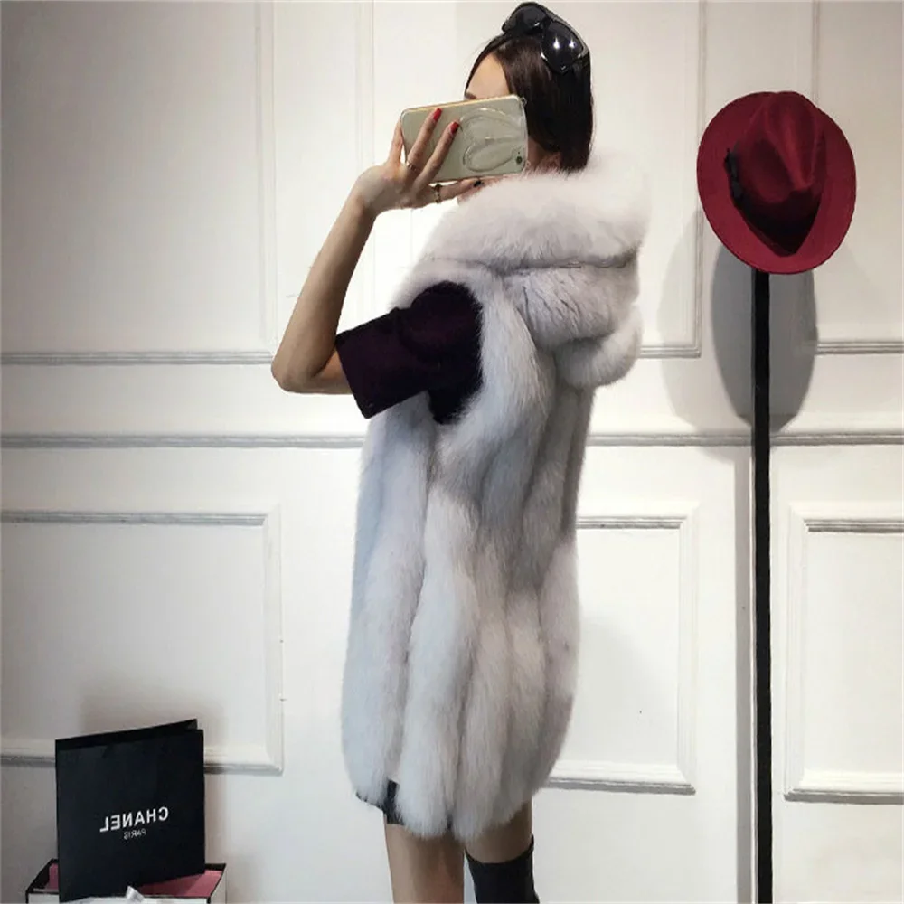 S-4XL Winter Warm Striped Faux Fox Fur Thick Overcoat Women Casual Long Vest Female Open Stitch Cardigan With Hat Slim Coat