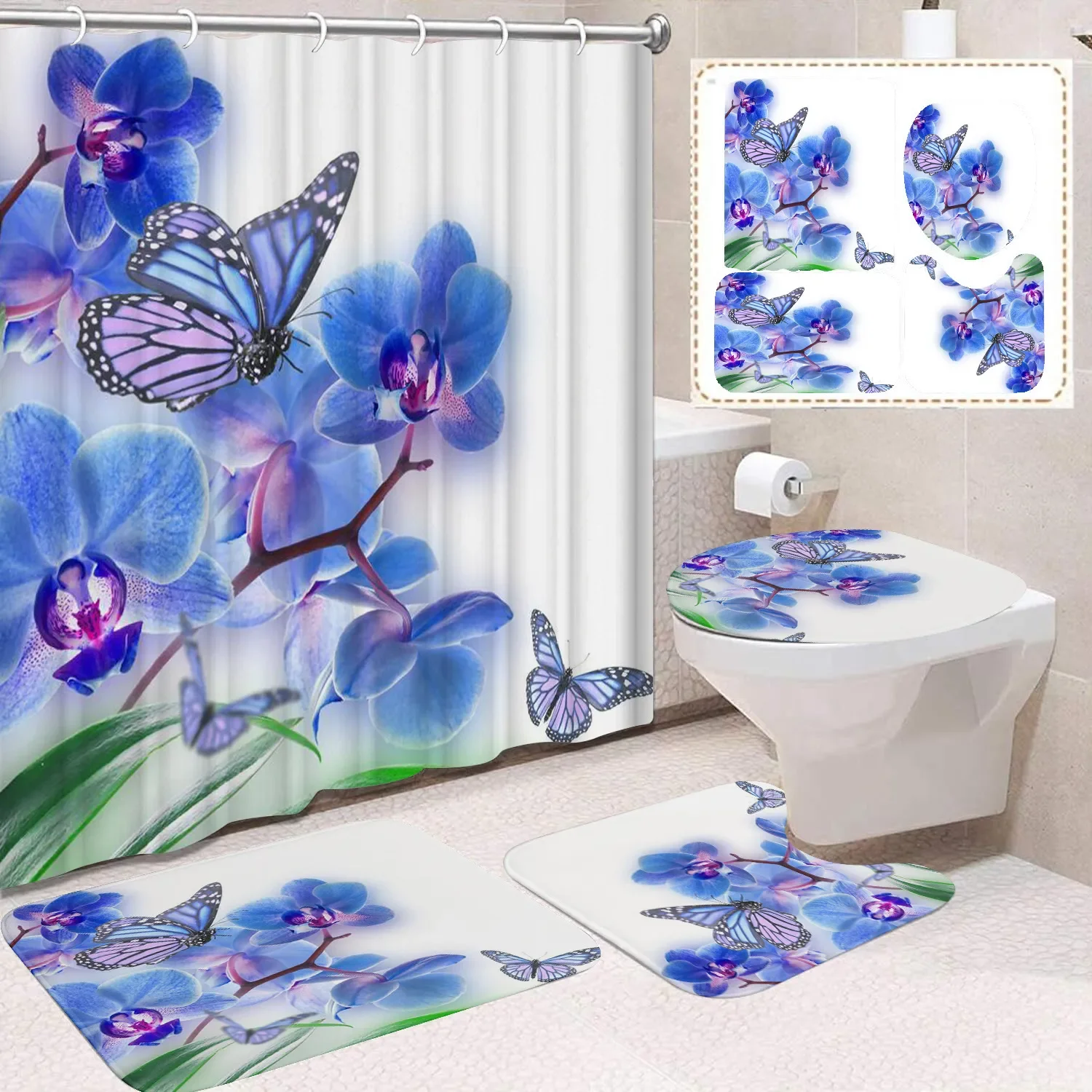 4 Pcs Orchid Butterfly Shower Curtain Set Waterproof Fabric Bath Curtain Floral Non-Slip Bath Mat Toilet Lid Cover Decor