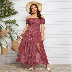 Damska letnia sukienka Plus Size klatka piersiowa z krótkim rękawem z rozcięciem na brzegach z odkrytymi ramionami w kwiatowy nadruk Maxi sukienka Boho Streetwear