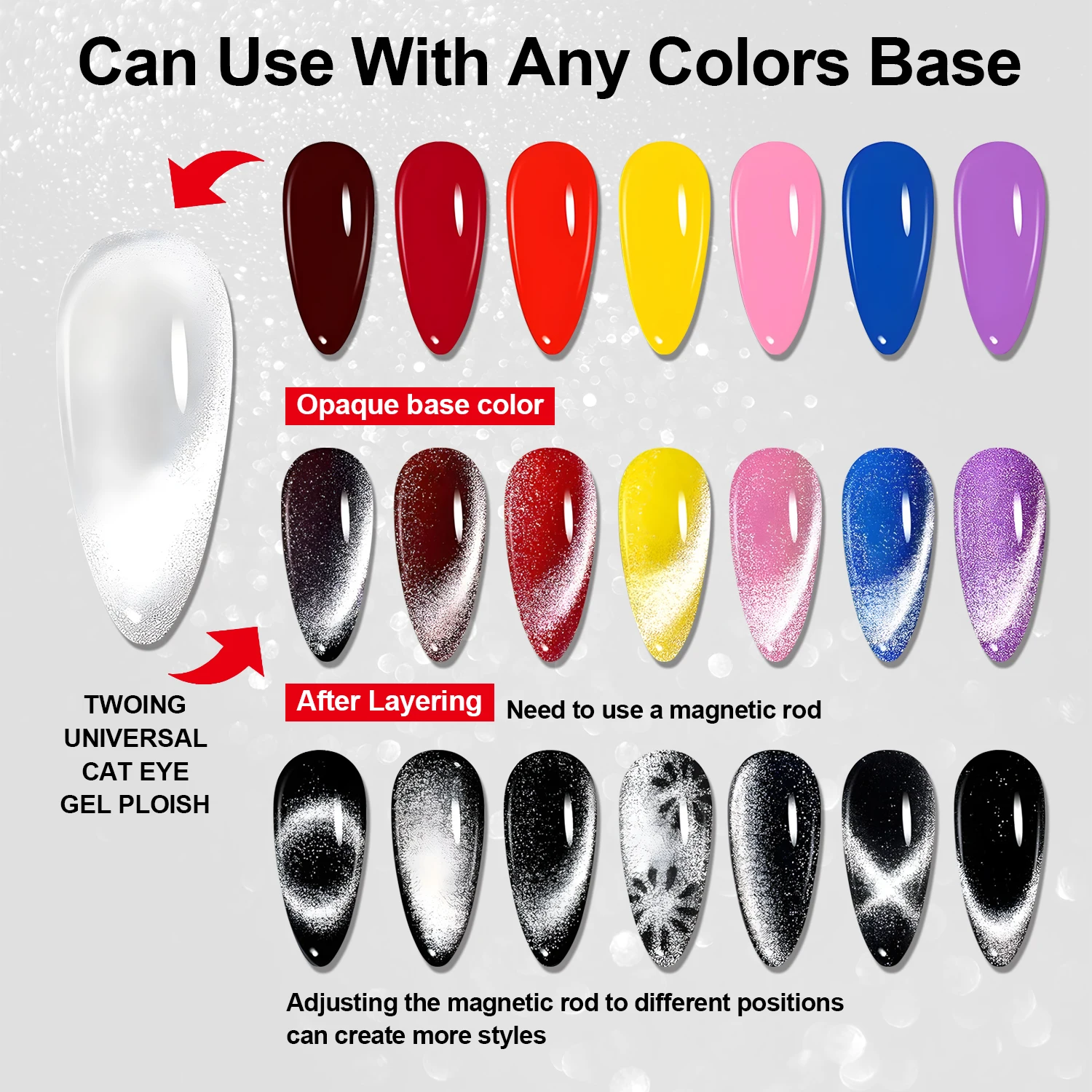 TWOING 10 ml Universal Silver Cat Eye Gel Nagellack, magnetisches Glitzer-Soak-Off-UV/LED-Gel, funktioniert mit allen Farbpolierungen zum Selbermachen