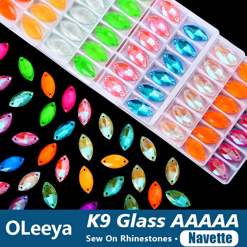 OLeeya Navette K9 Glass Crystal Neon Sew On Strass Edges with Chamfers Glitter Sewing Rhinestones Garment DIY Decorative Stones