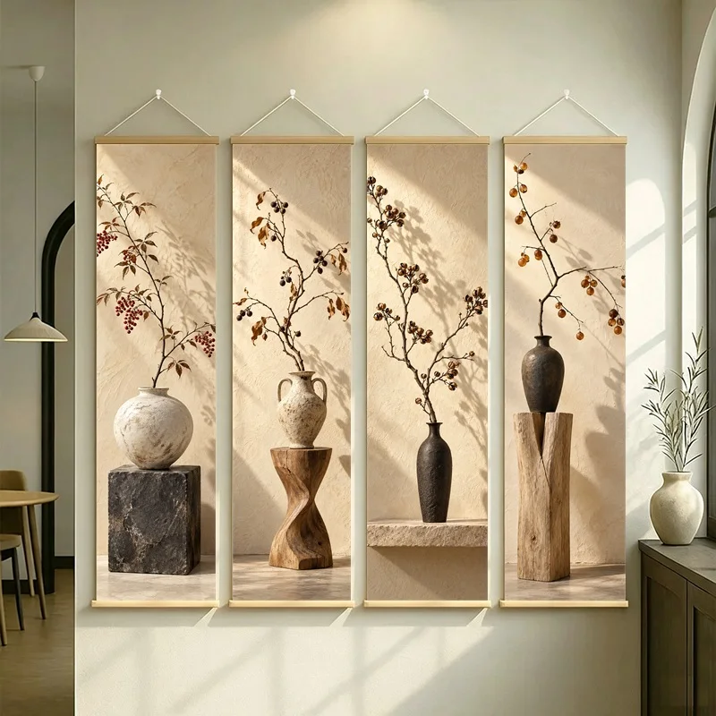 Wall Art Nandina Berry and Soapberry, Natural Wabi-Sabi Botanical Silver Shimmer Canvas Hanging Scroll for Boutique Hotel