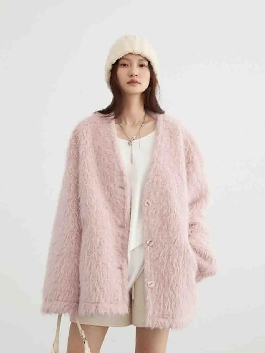 CHIC VEN giacche da donna moda sciolto Soild caldo peluche cappotti con scollo a v manica lunga soprabito abbigliamento femminile inverno 2023