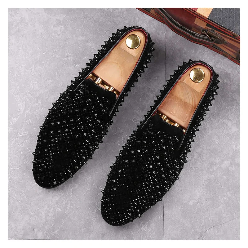 mens fashion hip hop rock spikes shoes black gold slip-on rivets shoe cow suede leather summer studded loafers designer footwear