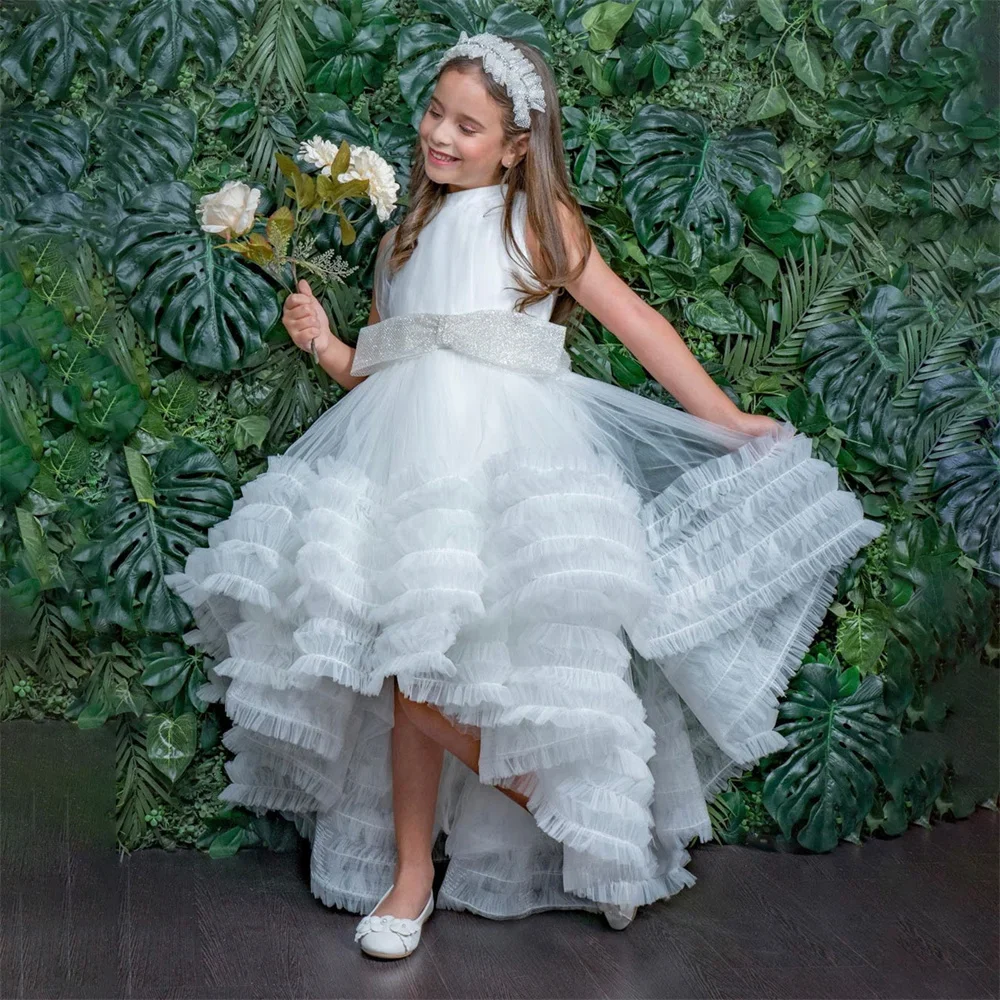 

Crystals Bow Pleat Classic Communion Girl Dress Sleeveless Knee Length Sweep Train Elegant Flower Girl Gown For Wedding Party